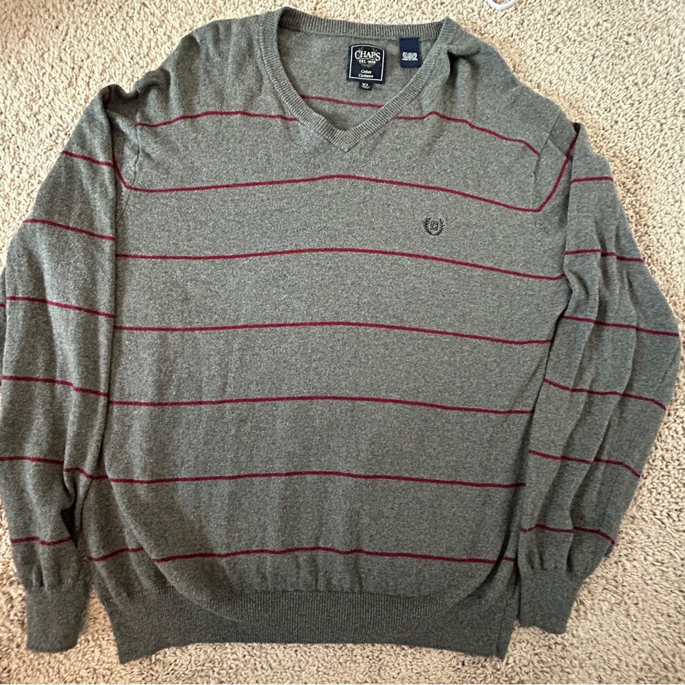 Chaps V-Neck Cashmere Blend Sweater, Size XL, Gray and Burgundy Striped - Picture 2 of 14